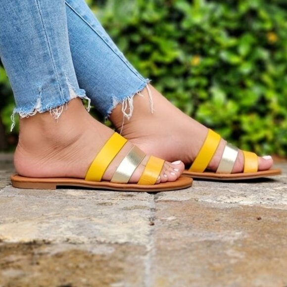Women's Strappy Slide Flats Sandals Yellow Color - Picture 1 of 3